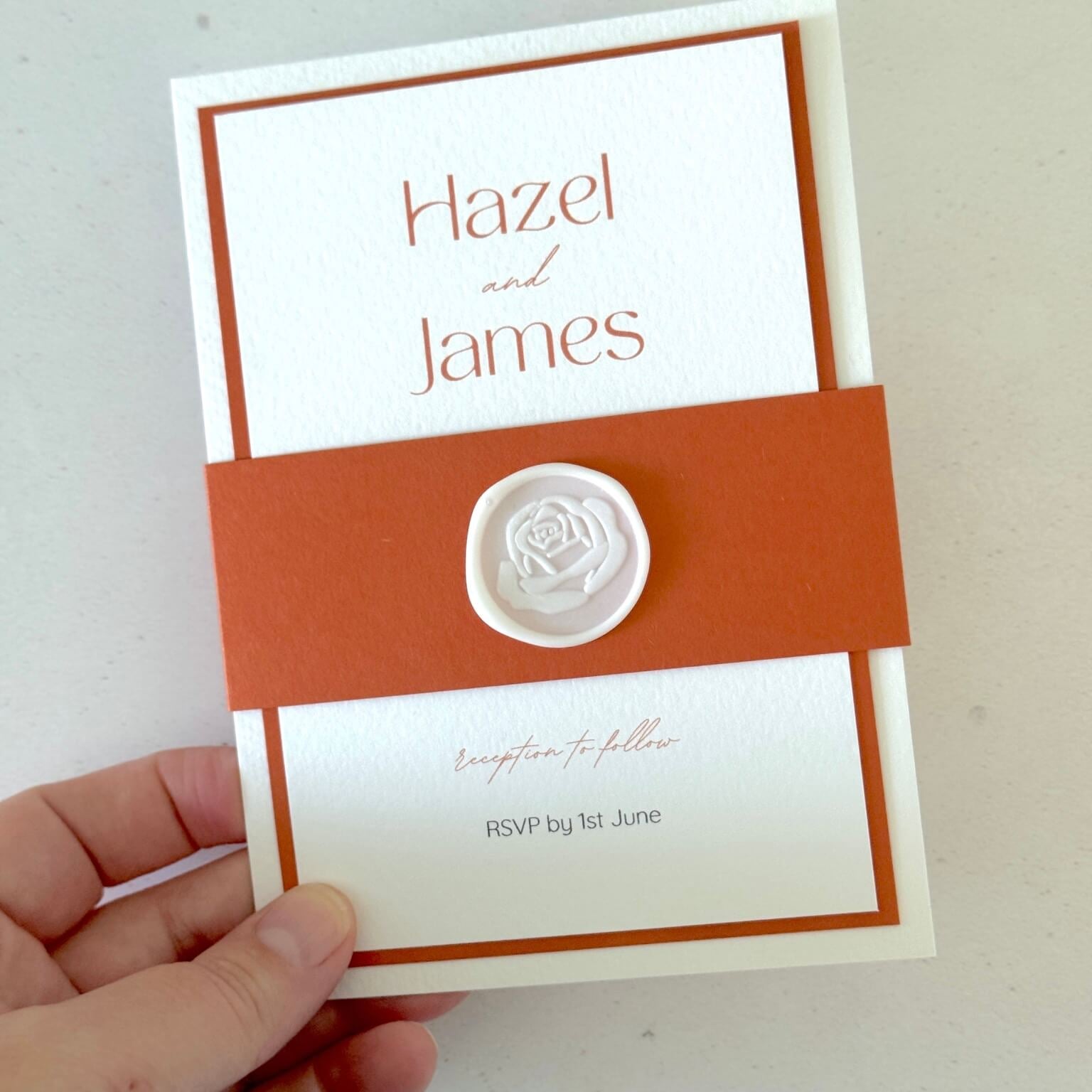 Layered wedding invite and details postcards with belly band and wax seal