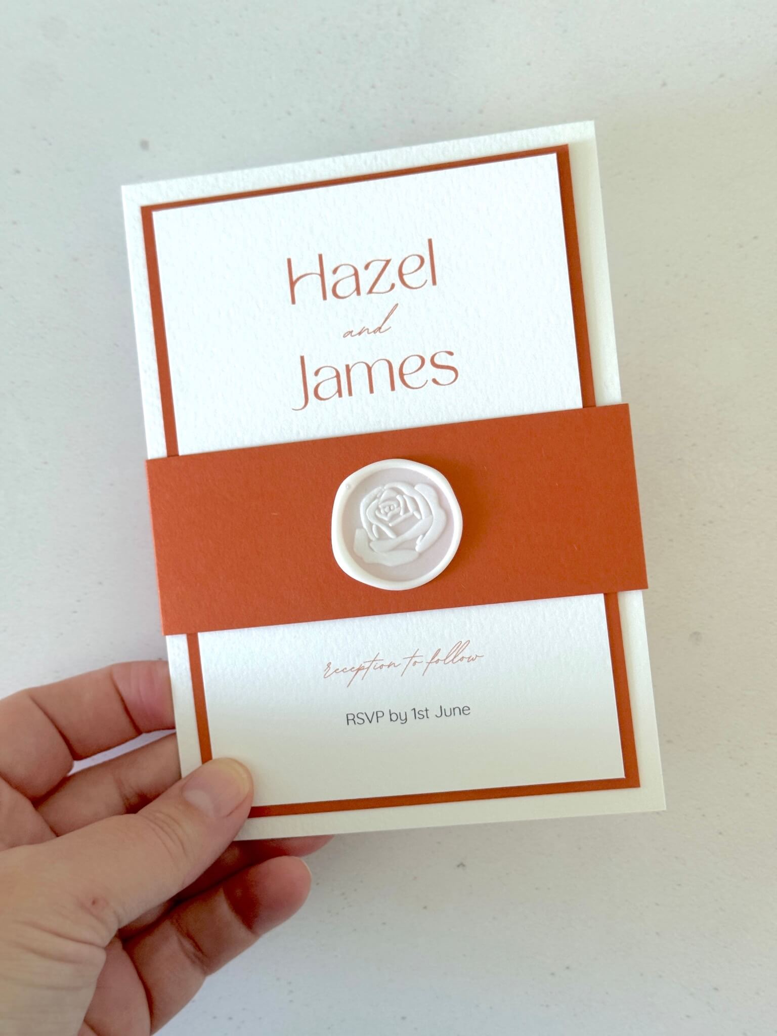 Layered wedding invite and details postcards with belly band and wax seal
