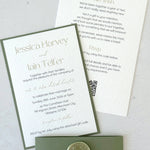 Lyn wedding invitation and details card with QR code with sage green belly band and wax seal