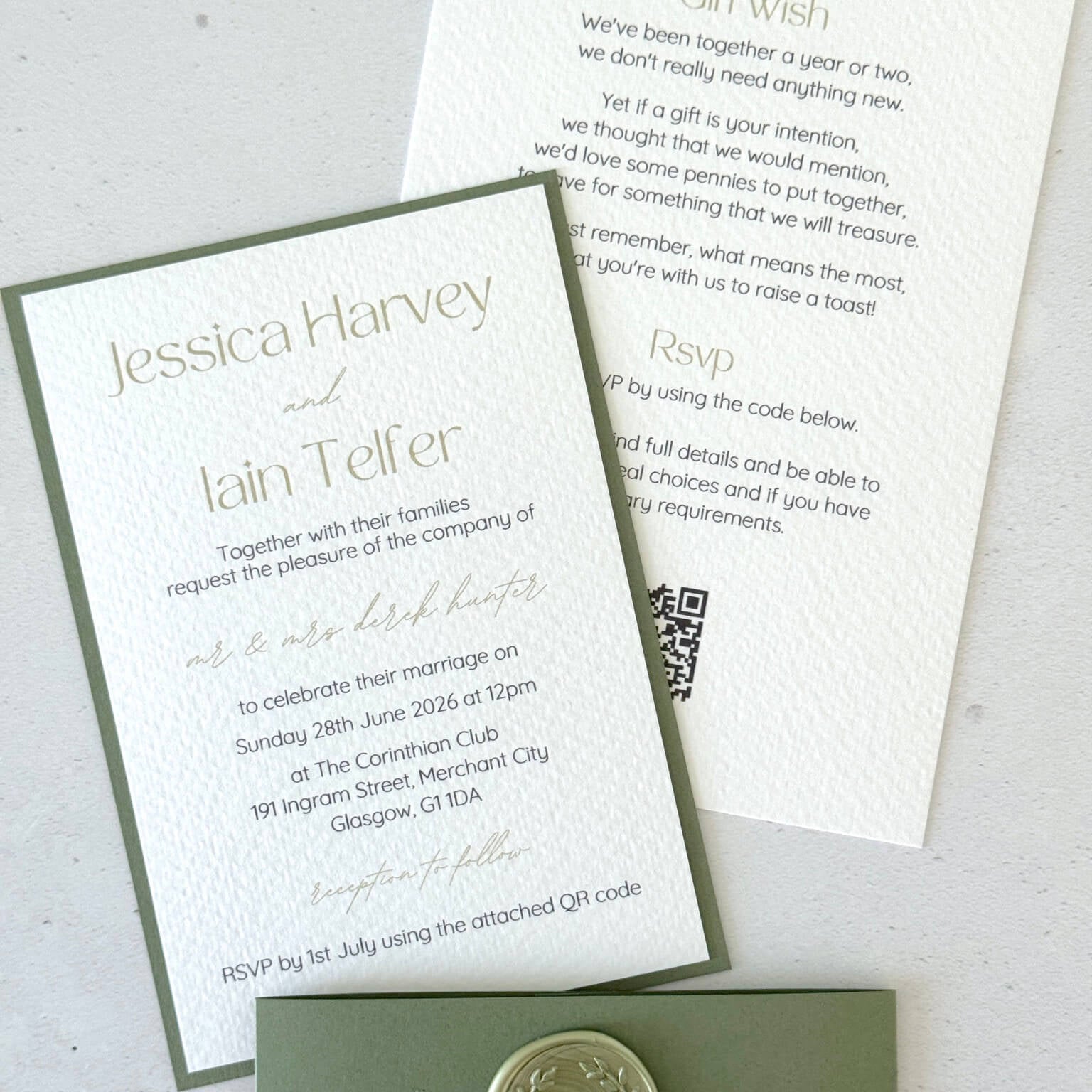 Lyn wedding invitation and details card with QR code with sage green belly band and wax seal