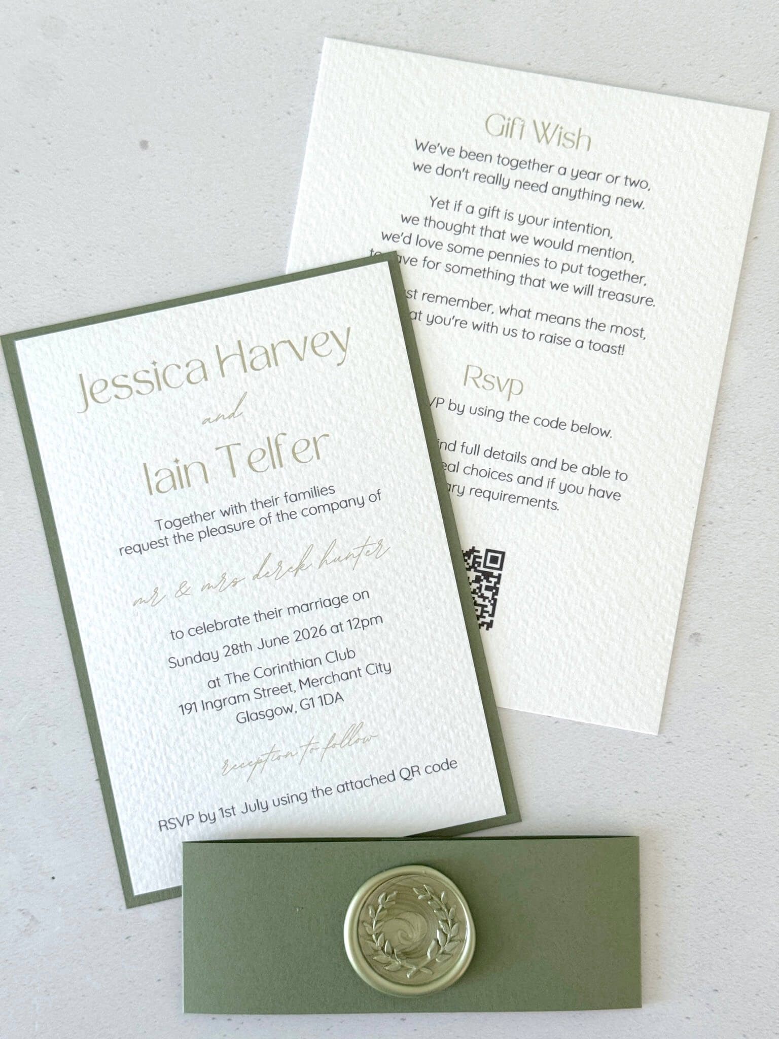 Lyn wedding invitation and details card with QR code with sage green belly band and wax seal