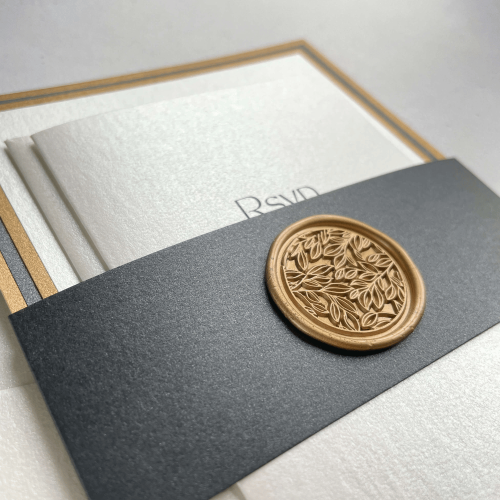 sample lyn wedding invite in black and gold wax seal handmade by zara 