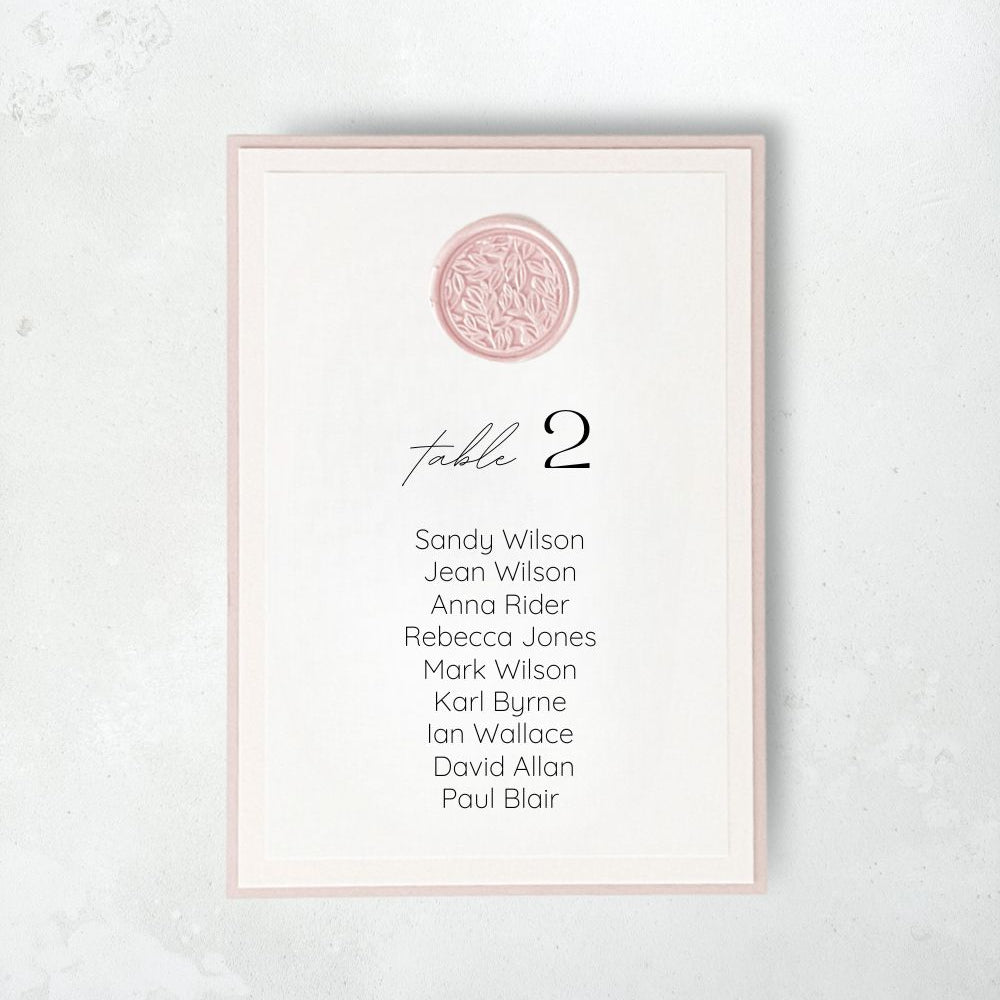 lyn individual table plan card with pink wax seal on the day wedding stationery dumfries