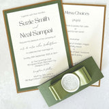 rustic sage green wedding invite with bow and wax seal belly band