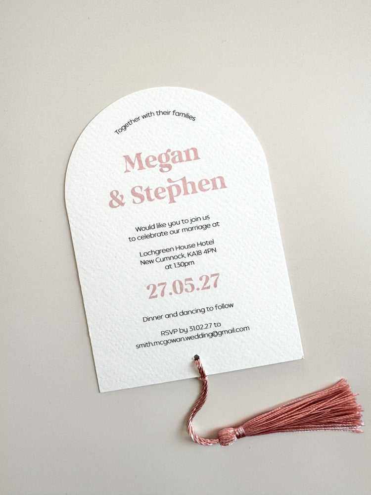 Megan arch style wedding invite with pink tassel