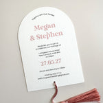 Megan arch style wedding invite with pink tassel