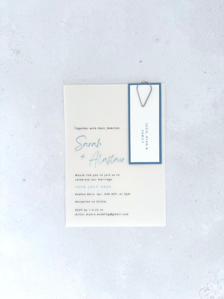 Sarah handmade see through vellum wedding invite in pale blue