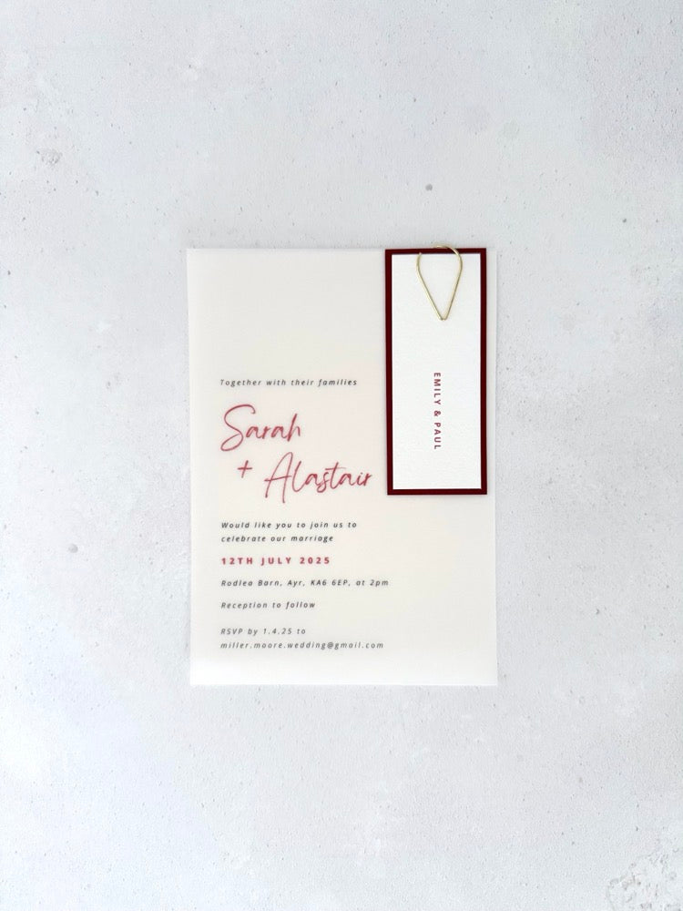 handmade burgundy vellum wedding invite by handmade by zara Dumfries