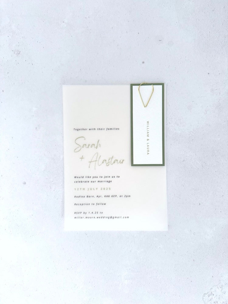 handmade sage green vellum wedding invite