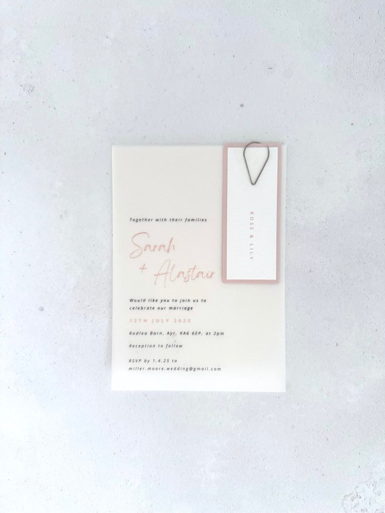 Sarah handmade see through vellum wedding invite in blush pink