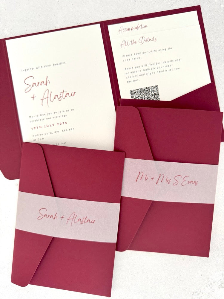 Sarah Pocketfold wedding invites with personalised handmade vellum belly bands in burgundy