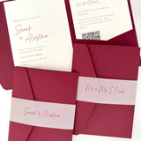 Sarah Pocketfold wedding invites with personalised handmade vellum belly bands in burgundy