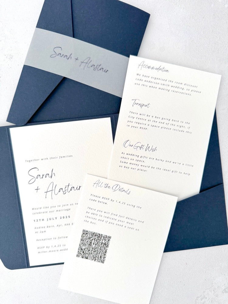 Navy Sarah pocketfold wedding invite with 2 insert cards for menu and guest details with vellum bellyband