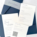 Navy Sarah pocketfold wedding invite with 2 insert cards for menu and guest details with vellum bellyband