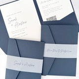 Sarah Pocketfold wedding invites with personalised vellum belly bands in navy