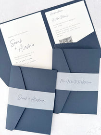 Sarah Pocketfold wedding invites with personalised vellum belly bands in navy