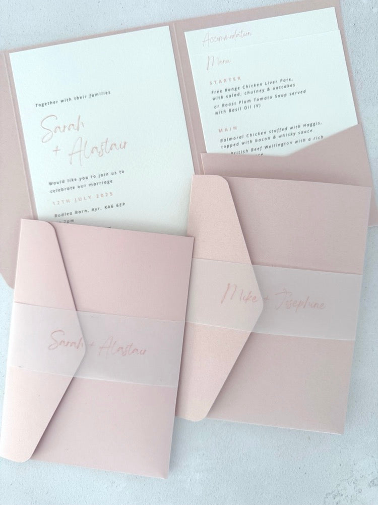 Sarah Pocketfold wedding invites with personalised vellum belly bands in rose pink