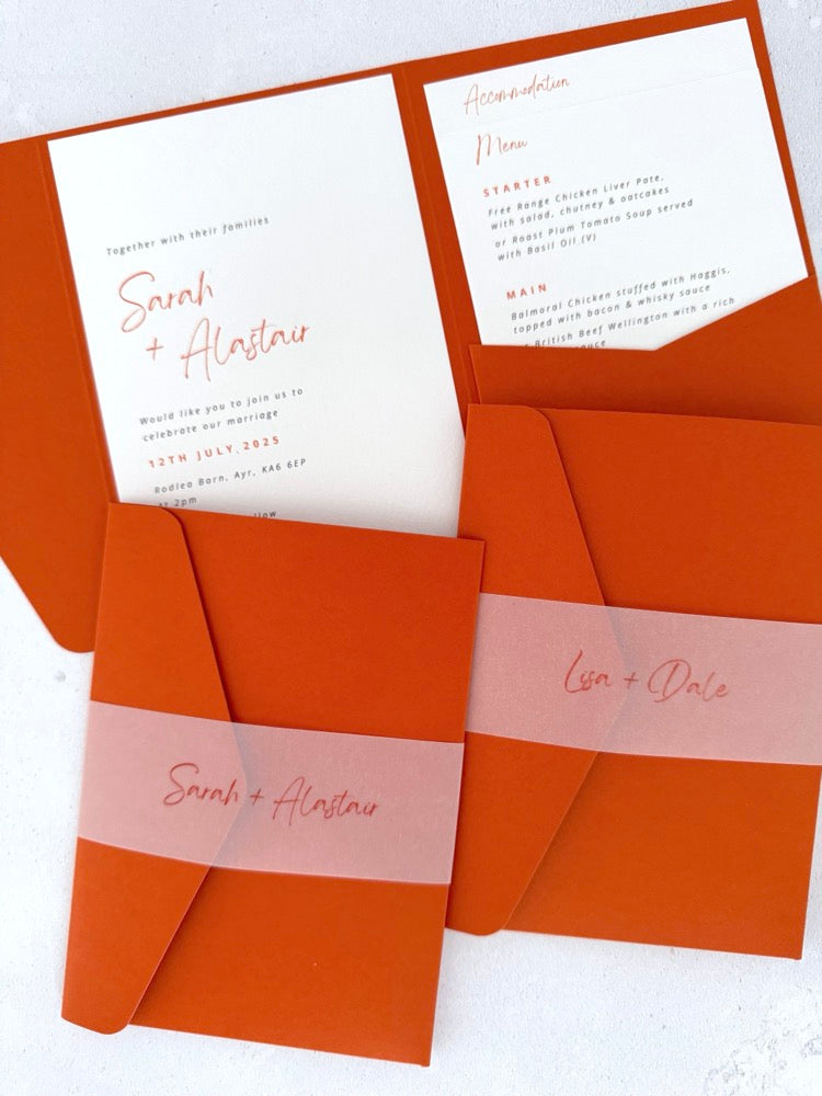 Sarah Pocketfold wedding invites with personalised vellum belly bands in burnt orange