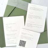 pocketfold wedding invite with 2 insert cards for menu and guest details, in sage green, with vellum belly band, handmade by zara scotland
