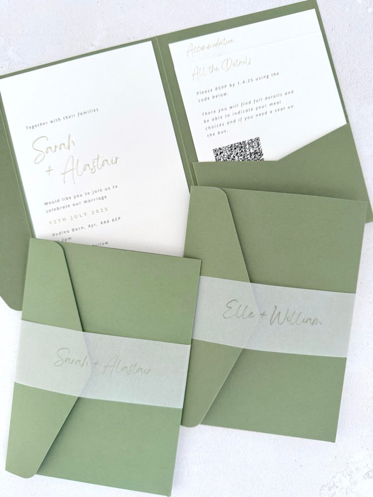 Sarah Pocketfold wedding invites with personalised vellum belly bands in sage green