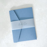 Sarah dusky blue pocketfold wedding invitation with printed belly band