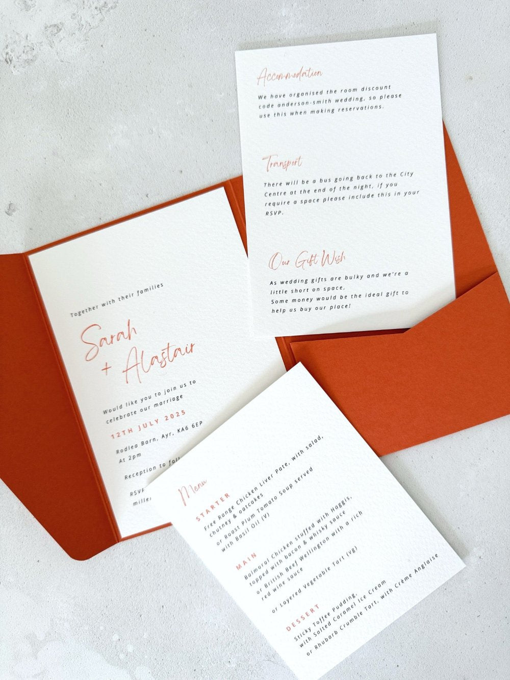 sarah pocket fold wedding invite with insert cards for gift wishes and menu