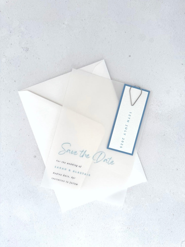 see through vellum save the date card with sage green date tag and teardrop paperclip handmade by zara