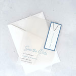 see through vellum save the date card with sage green date tag and teardrop paperclip handmade by zara