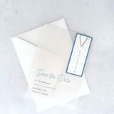 see through vellum save the date card with sage green date tag and teardrop paperclip handmade by zara