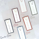 Save the date cards for wedding announcement with transparent vellum and coloured date tags with paperclips