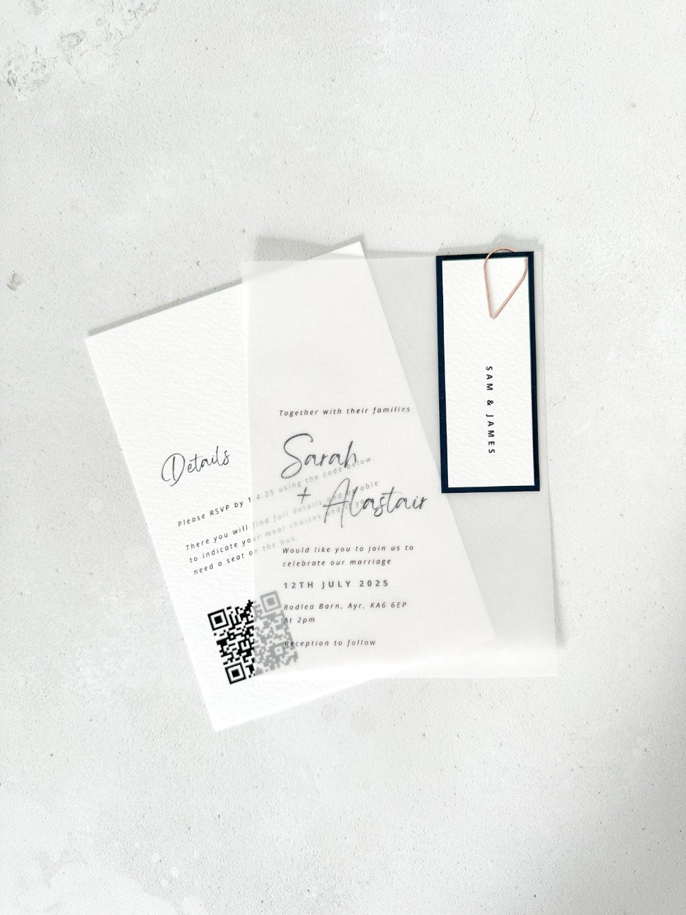 Sarah vellum invite, tag and teardrop paperclip, QR code details cards in navy handmade by zara