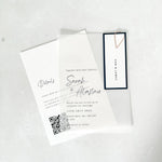 Sarah vellum invite, tag and teardrop paperclip, QR code details cards in navy handmade by zara