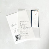 Sarah vellum invite, tag and teardrop paperclip, QR code details cards in navy handmade by zara