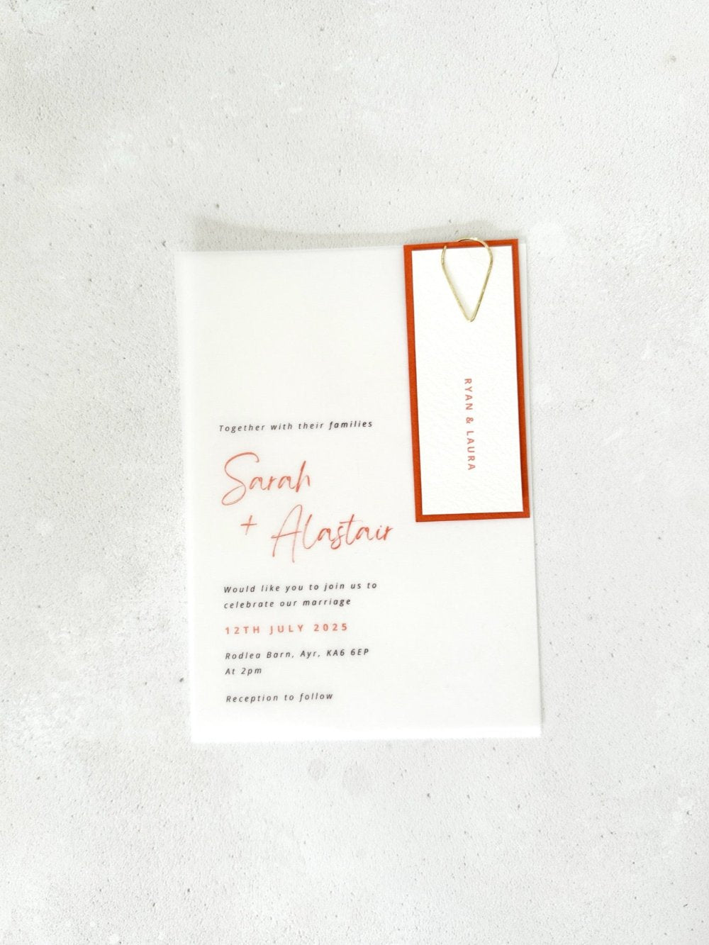 Sarah vellum paper clip invite handmade by zara