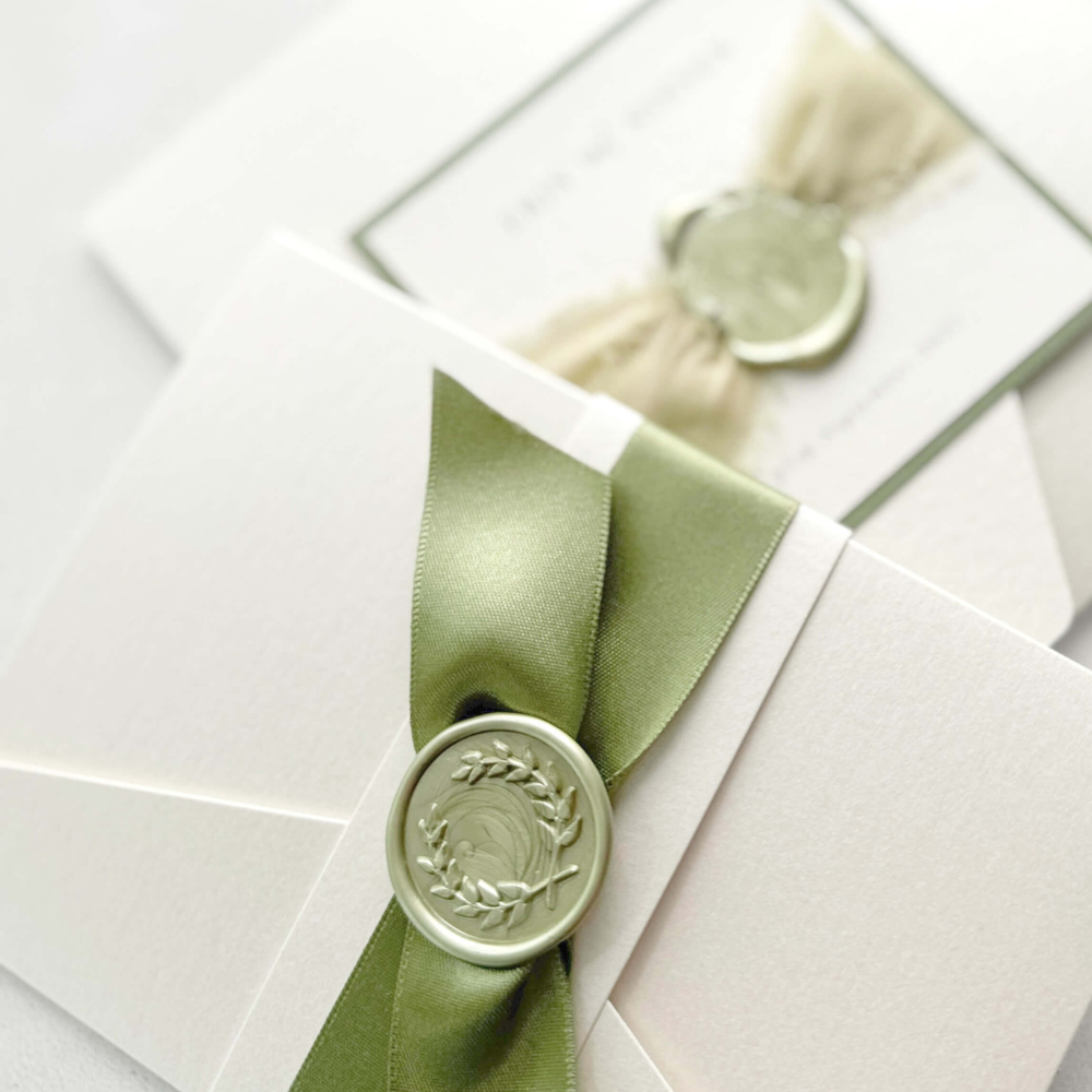 Sage green wax seals and silk ribbon semi custom wedding invitations, Handmade by Zara Dumfries