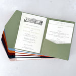 sage green pocket wedding invite with venue illustration of Springkell, Dumfries & Galloway