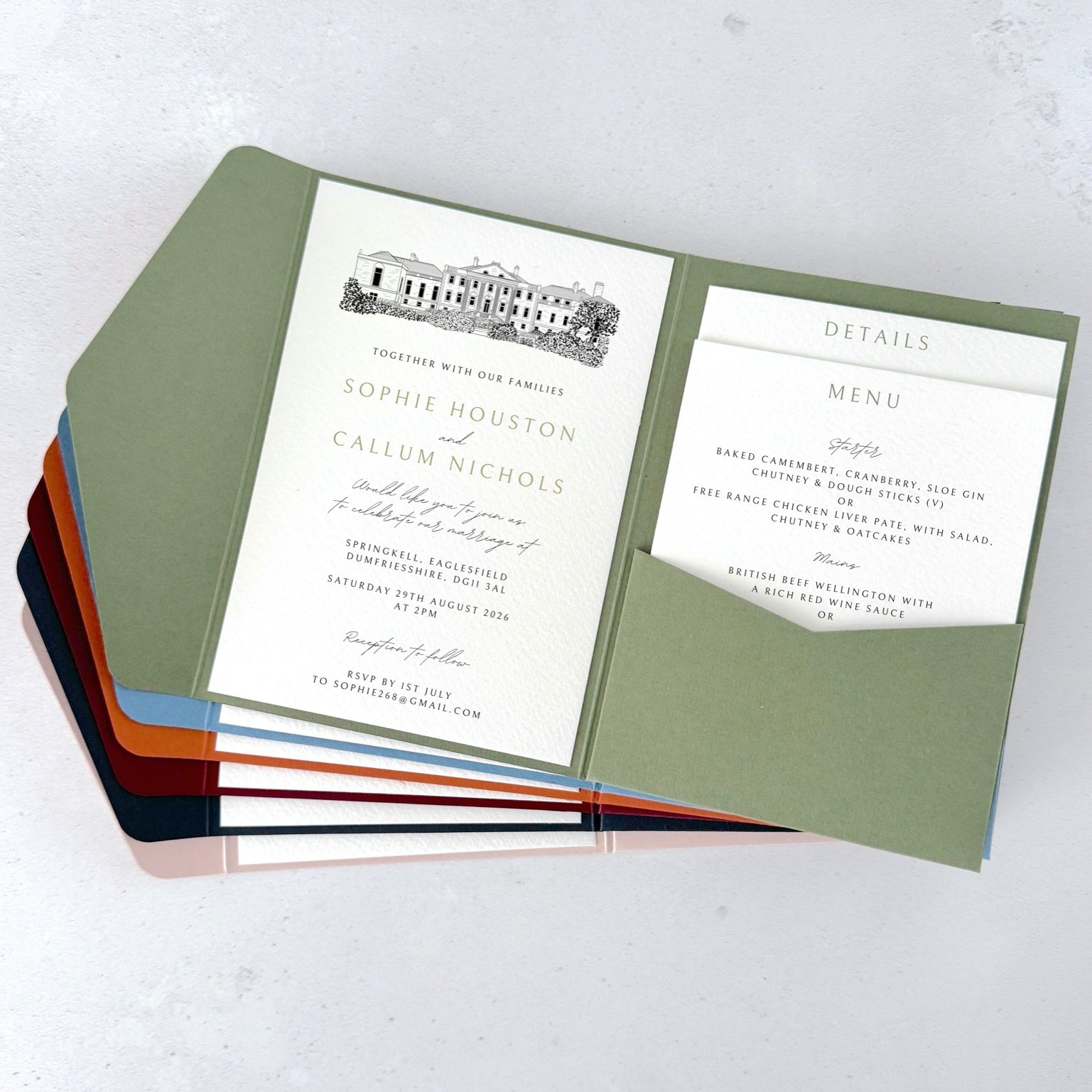 sage green pocket wedding invite with venue illustration of Springkell, Dumfries & Galloway
