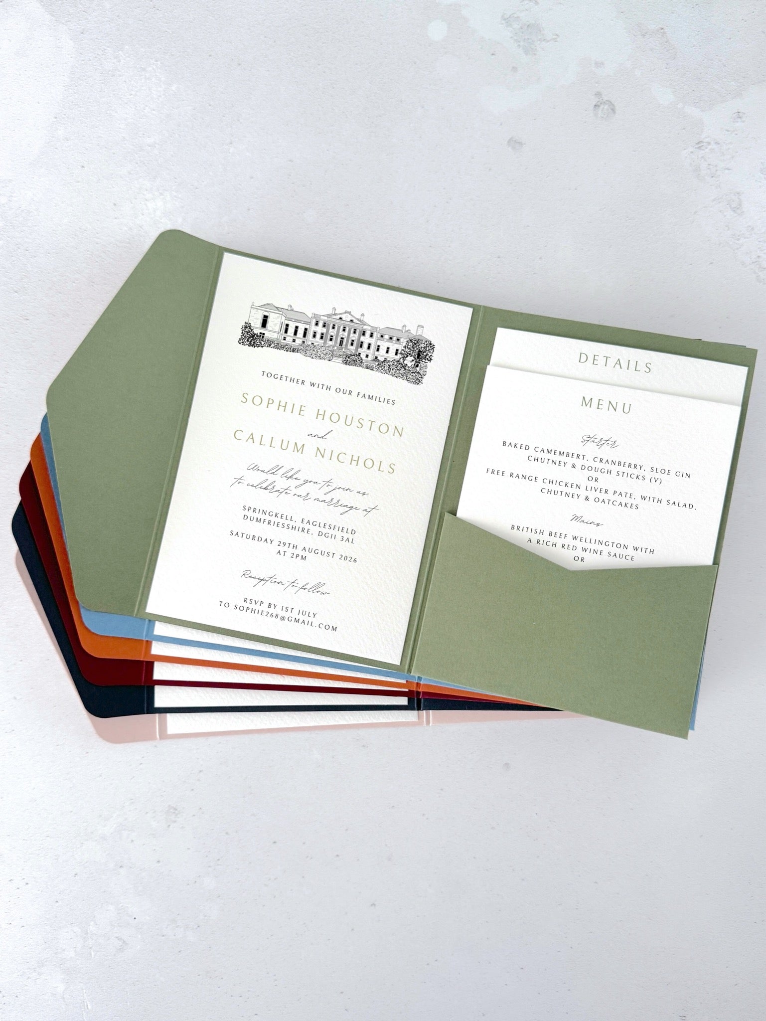 sage green pocket wedding invite with venue illustration of Springkell, Dumfries & Galloway