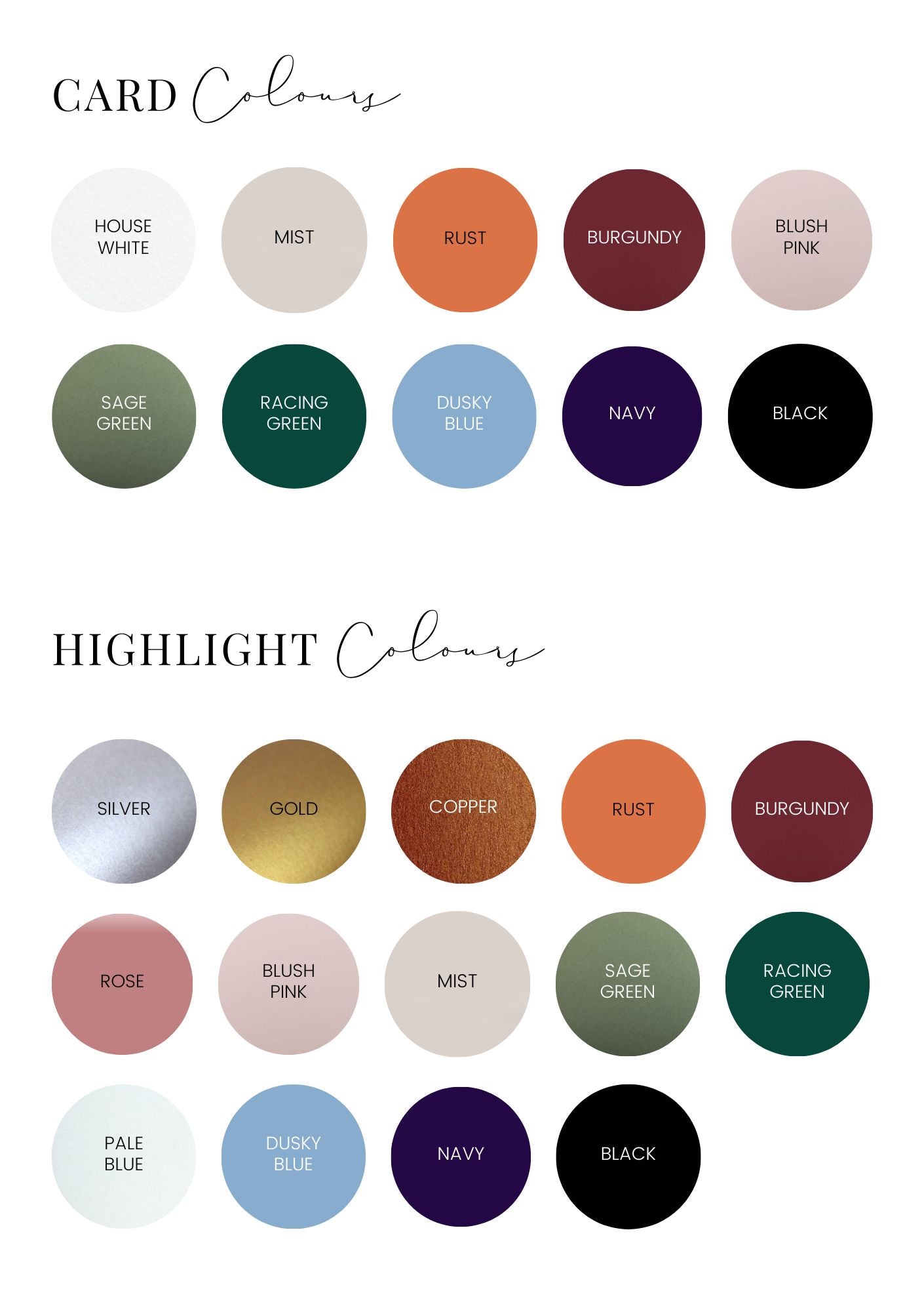 Card colours for wedding invites and stationery Handmade by Zara