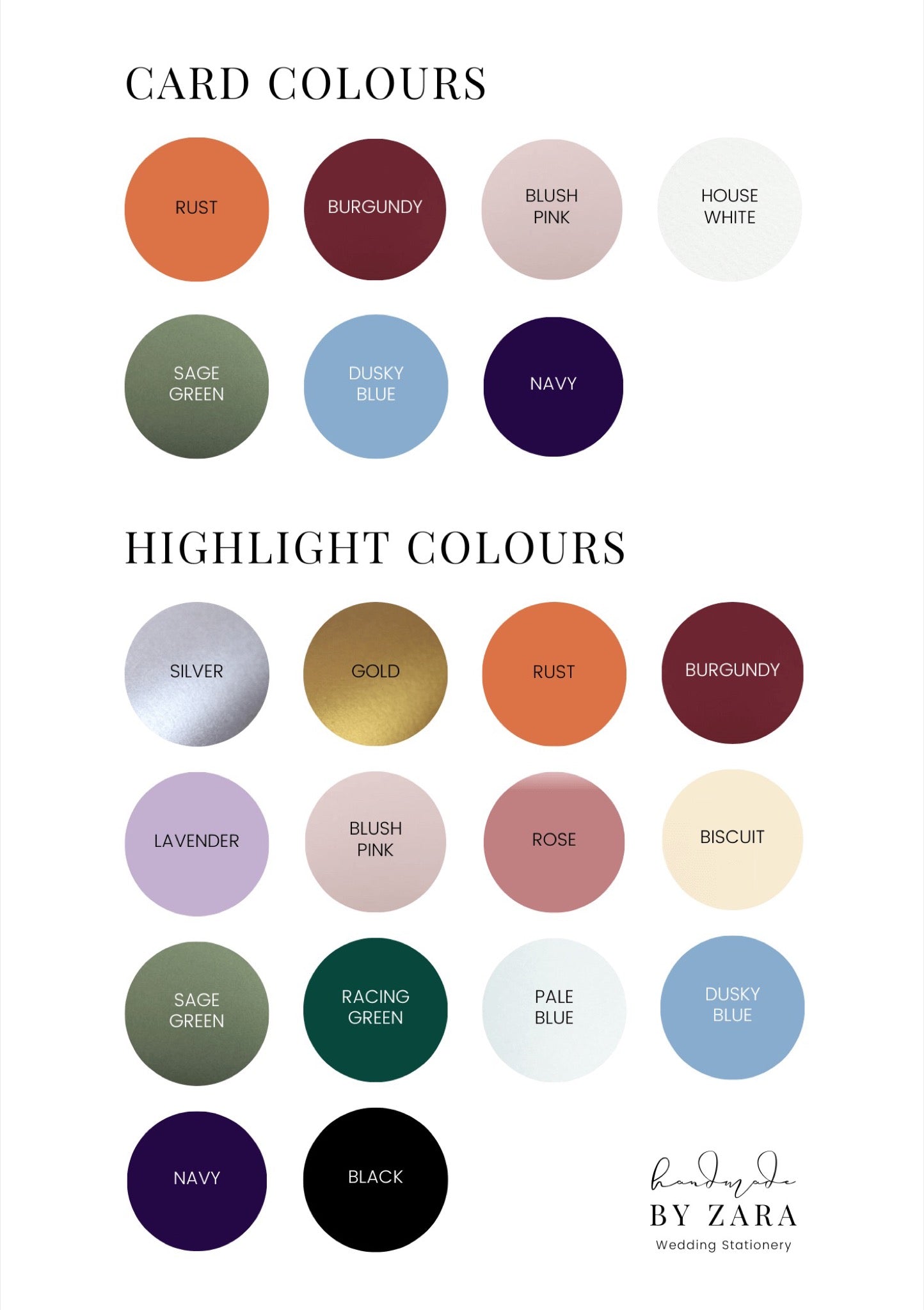 Card colours for wedding invites and stationery Handmade by Zara