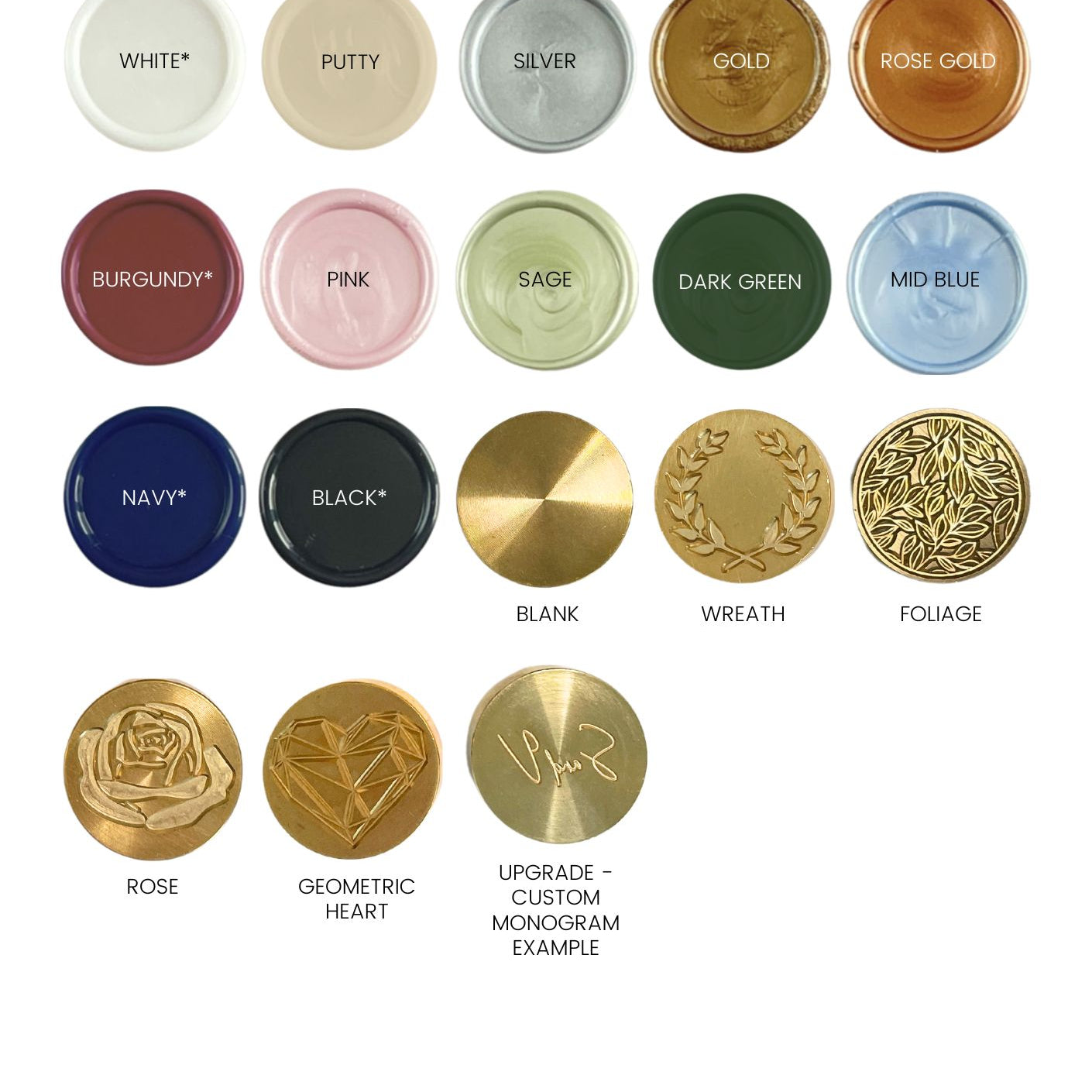 Handmade by Zara wax seal colours and designs