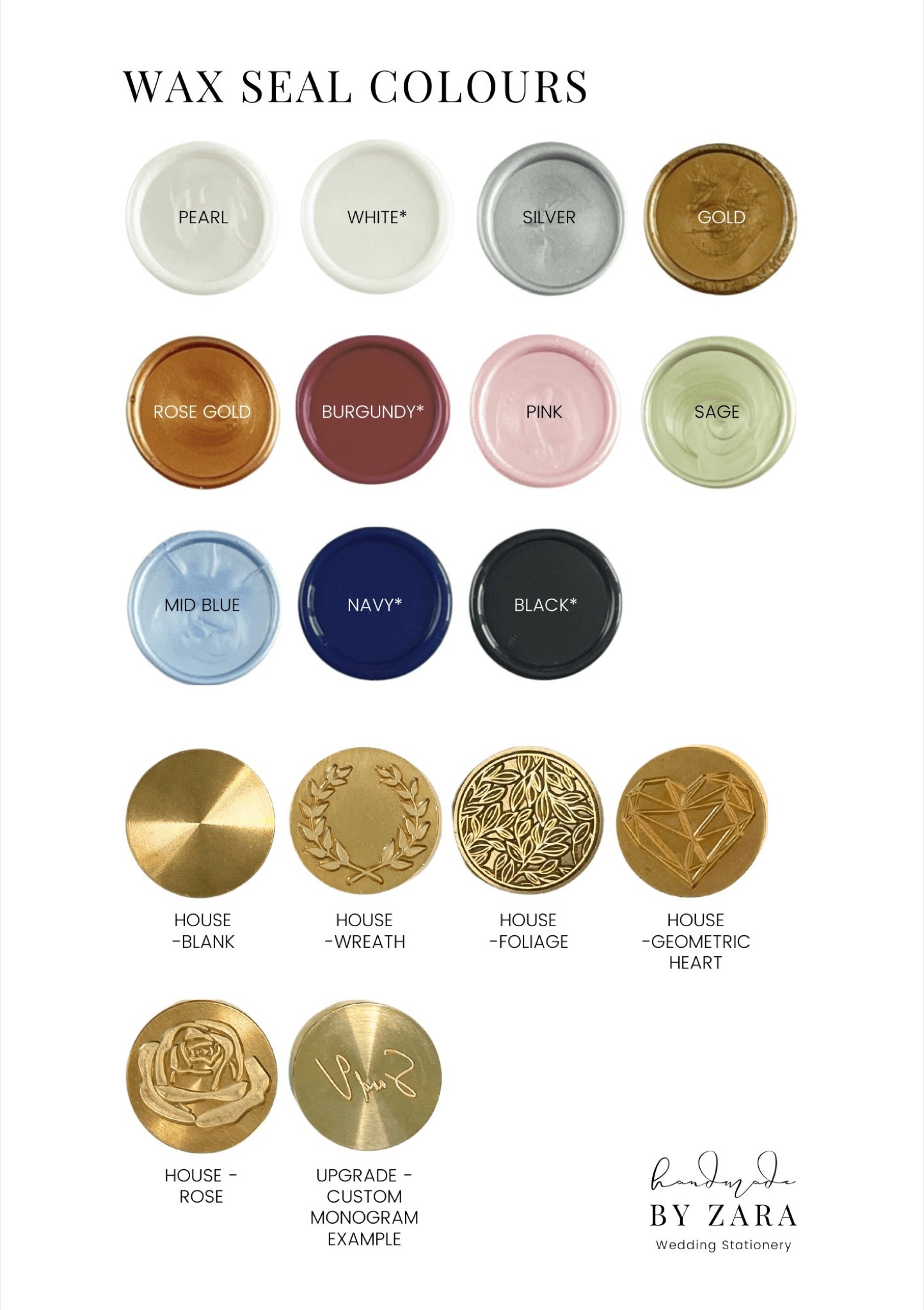 Handmade by Zara wax seal colours and designs