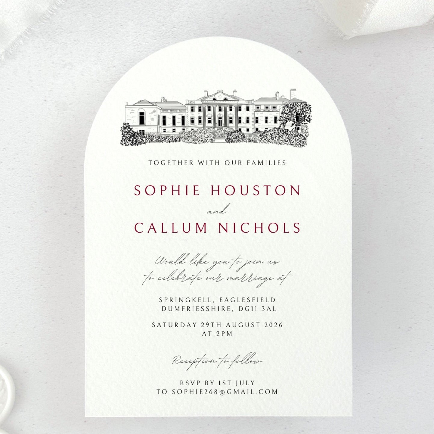 Venue illustration of Springkell Dumfries & Galloway arch shaped wedding invite handmade by zara