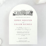 Venue illustration of Springkell Dumfries & Galloway arch shaped wedding invite handmade by zara