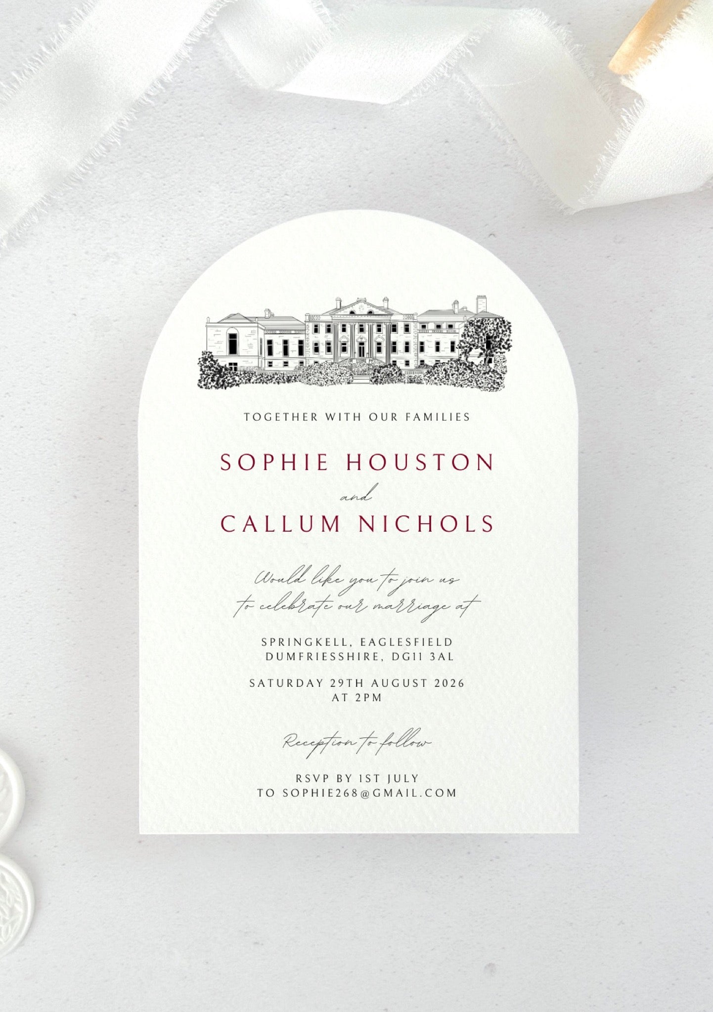 Venue illustration of Springkell Dumfries & Galloway arch shaped wedding invite handmade by zara