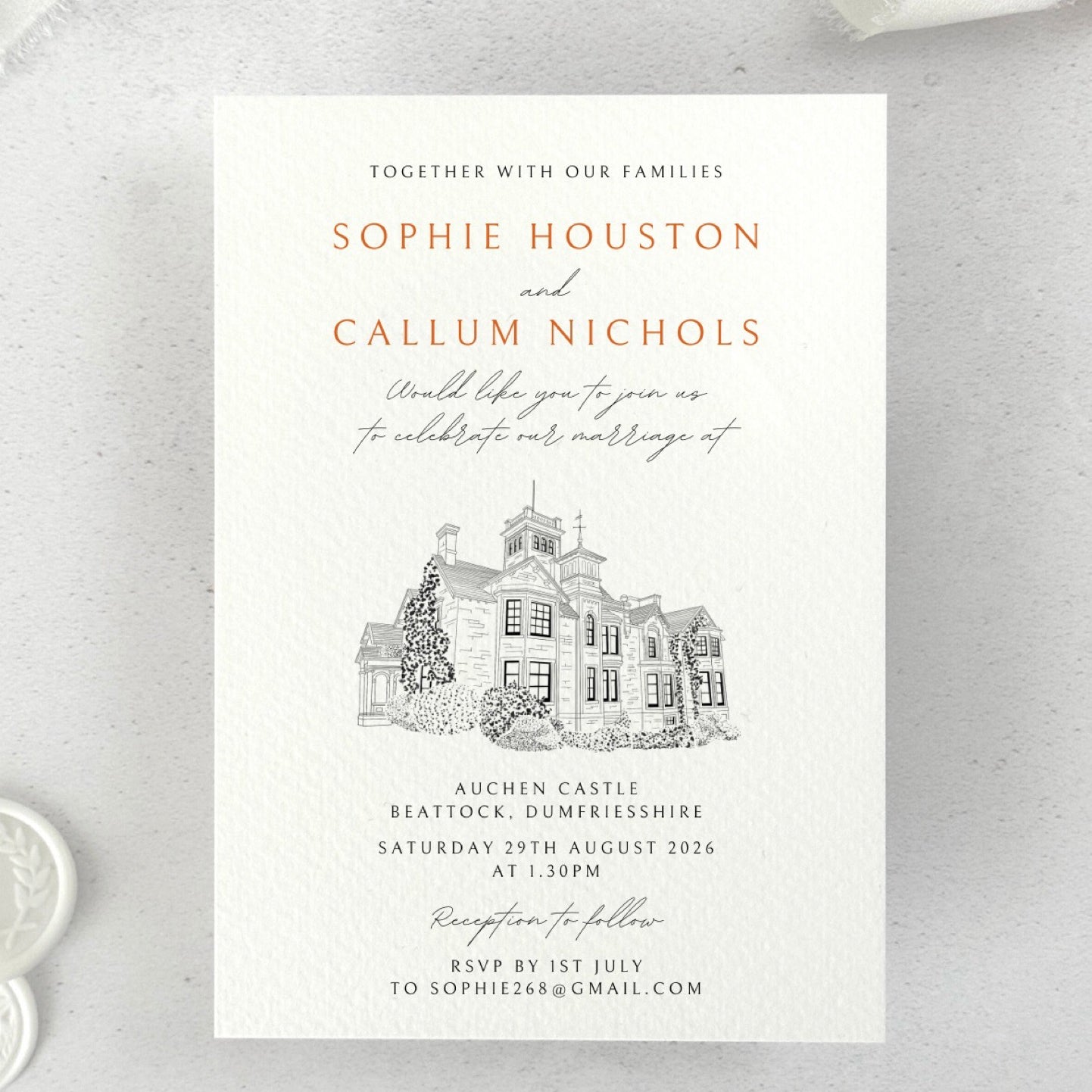 wedding invite with venue illustration of Auchen Castle, Beattock, Dumfries & Galloway