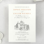 wedding invite with venue illustration of Auchen Castle, Beattock, Dumfries & Galloway