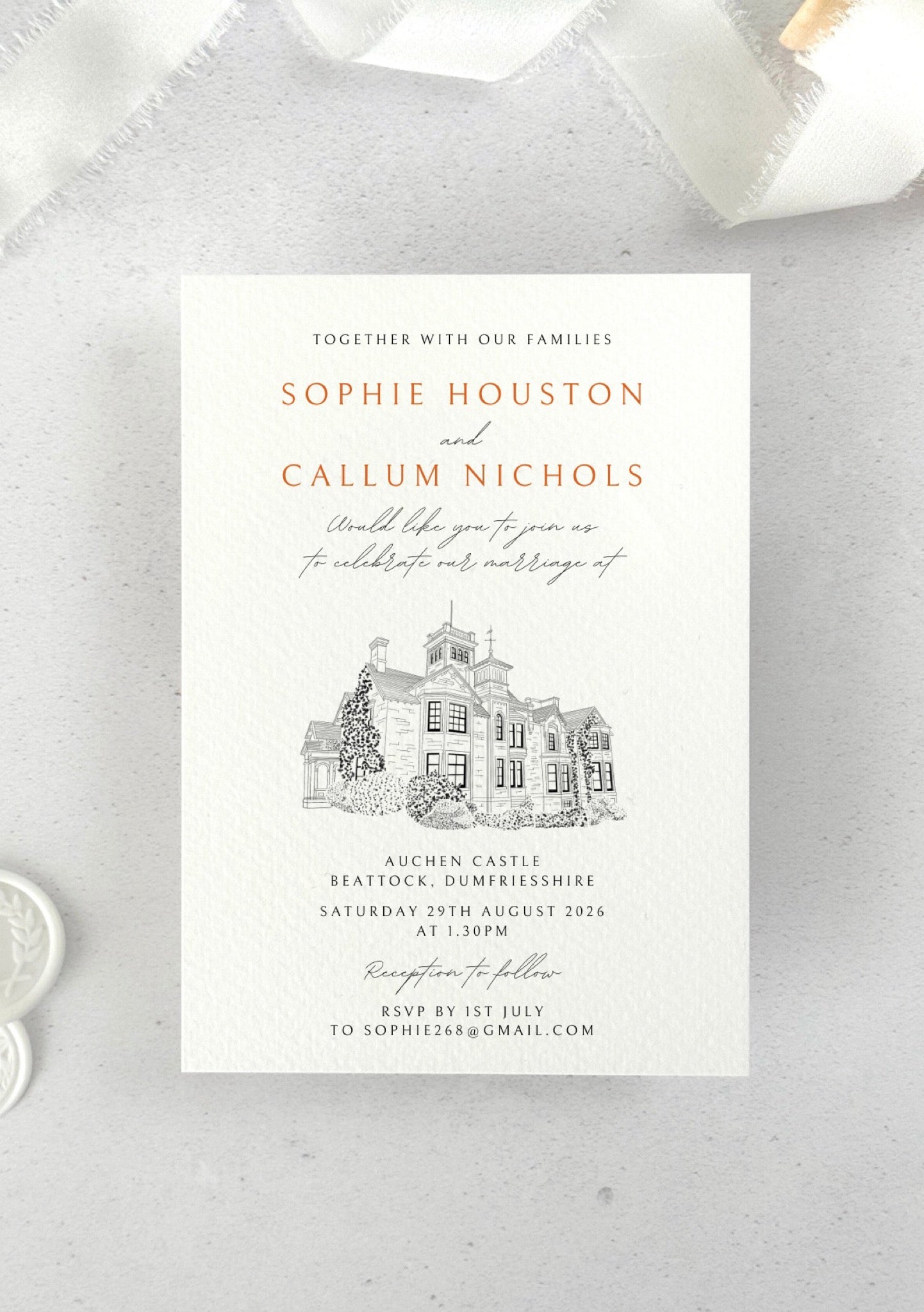 wedding invite with venue illustration of Auchen Castle, Beattock, Dumfries & Galloway