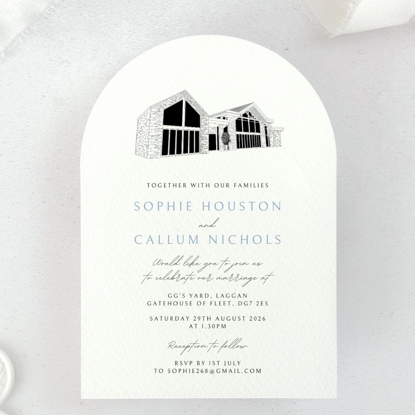 Venue illustration arched wedding invite of GG's Yard, Laggan, Dumfries & Galloway 