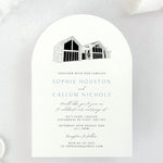 Venue illustration arched wedding invite of GG's Yard, Laggan, Dumfries & Galloway 